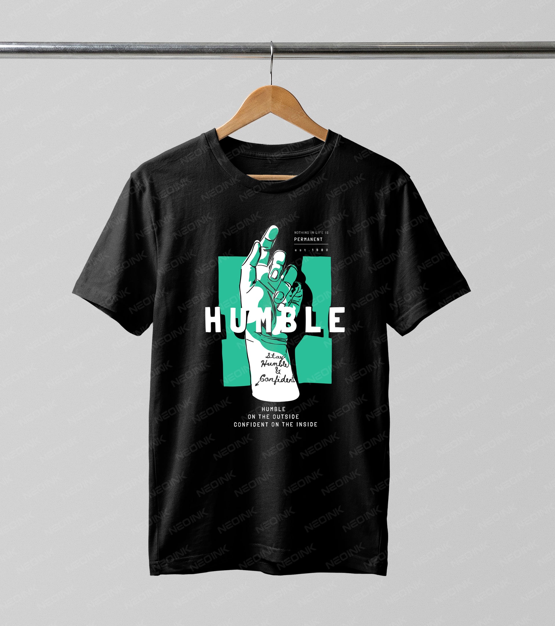 Teal and white streetwear graphic with a reaching hand and "Humble" text, beautifully detailed on DTF transfers ready to print for inspiring apparel.