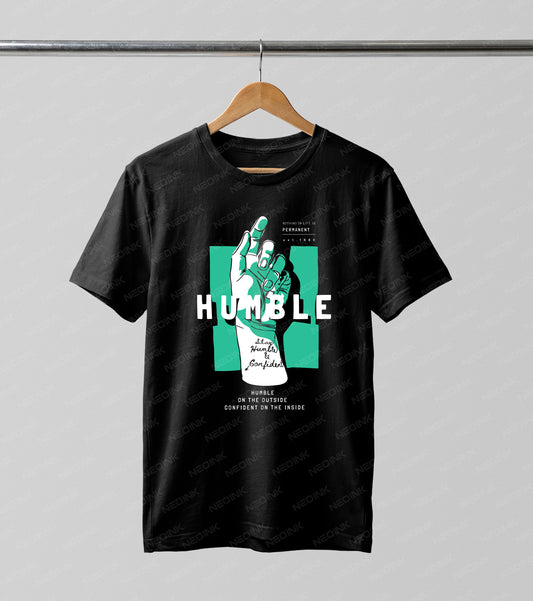 Teal and white streetwear graphic with a reaching hand and "Humble" text, beautifully detailed on DTF transfers ready to print for inspiring apparel.