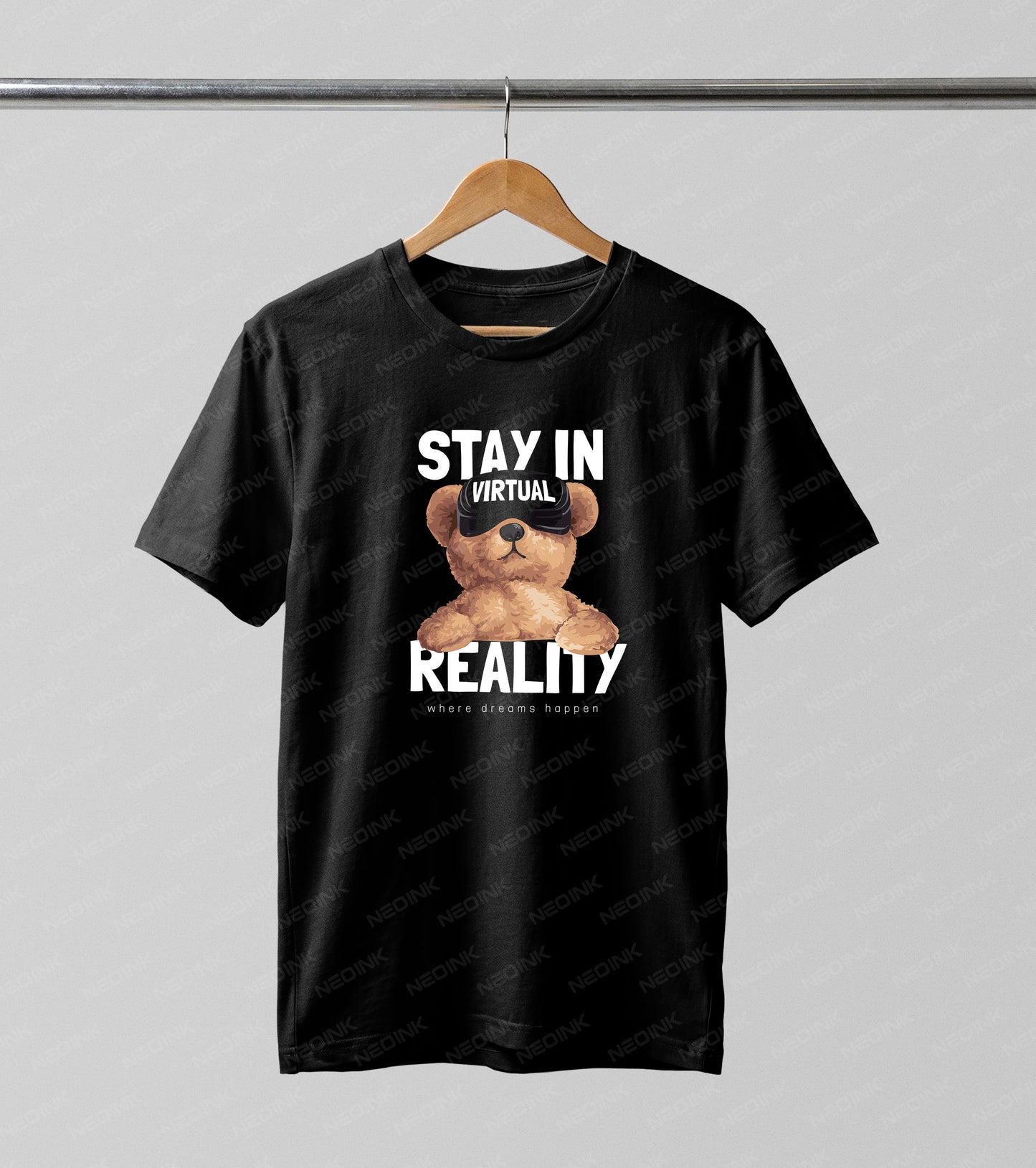 Trendy streetwear teddy bear wearing VR goggles with "Stay in Reality" text, offered as ready to print DTF transfers for dark urban apparel.