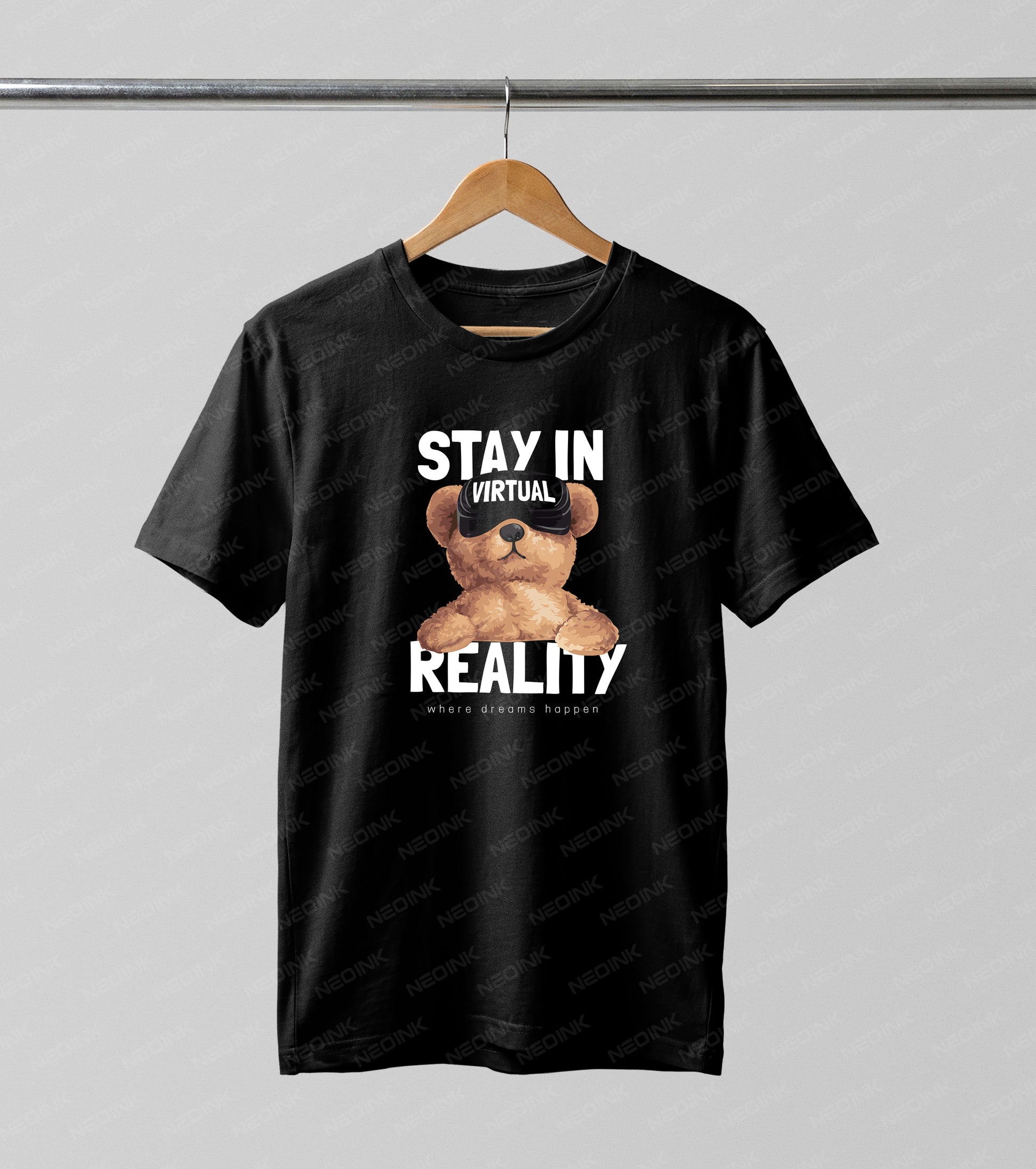 Trendy streetwear teddy bear wearing VR goggles with "Stay in Reality" text, offered as ready to print DTF transfers for dark urban apparel.