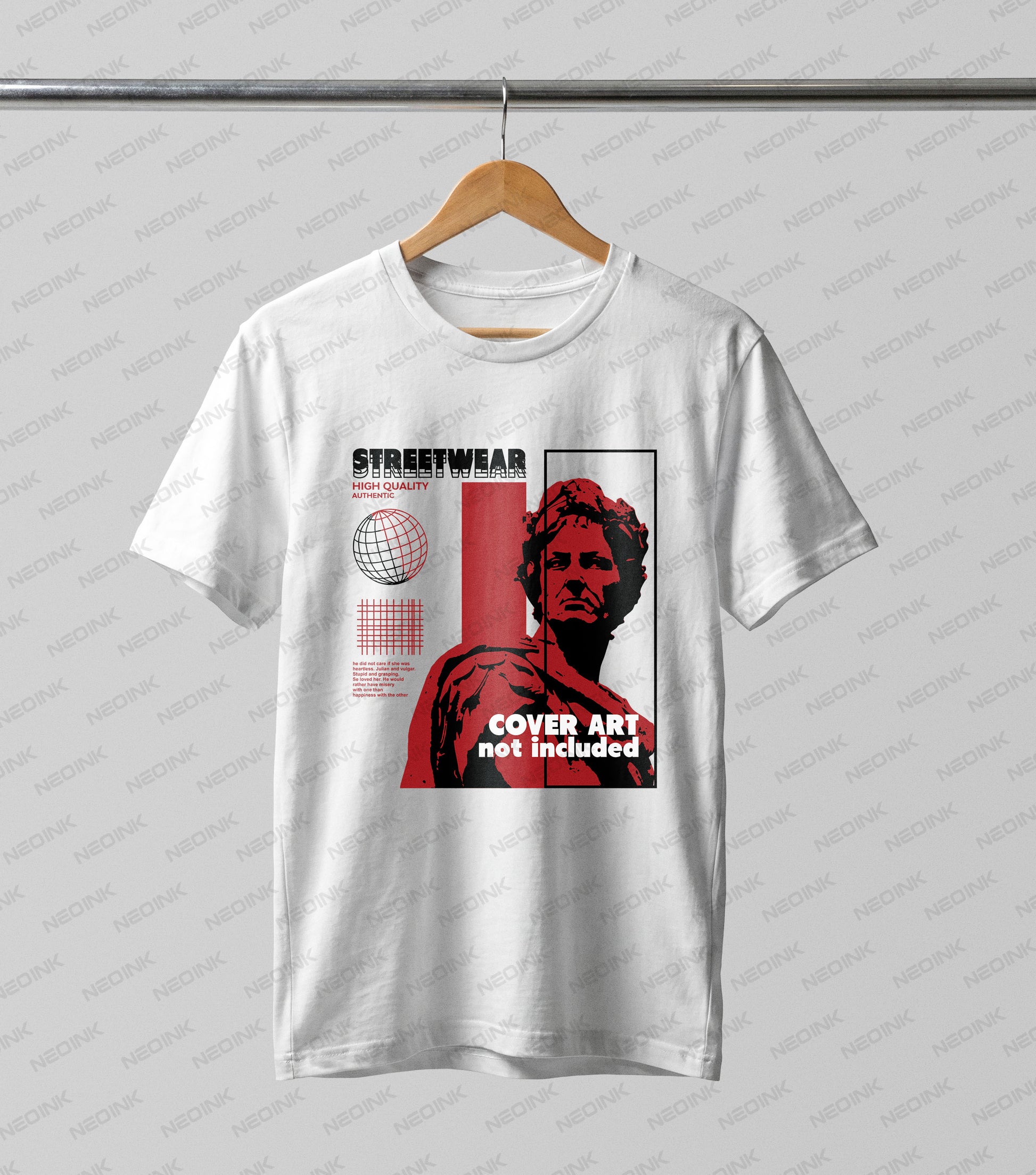 Bold red classical Roman bust framed by modern graphic layouts, utilizing versatile DTF transfers so they arrive ready to print on your favorite white tees.