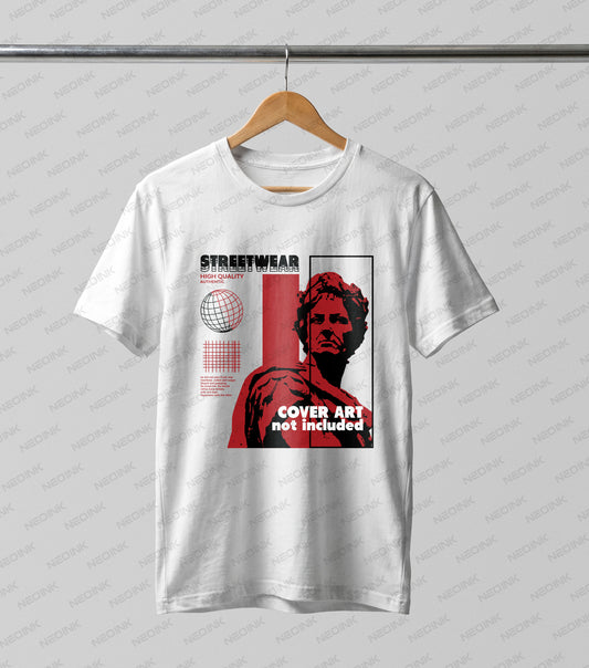 Bold red classical Roman bust framed by modern graphic layouts, utilizing versatile DTF transfers so they arrive ready to print on your favorite white tees.