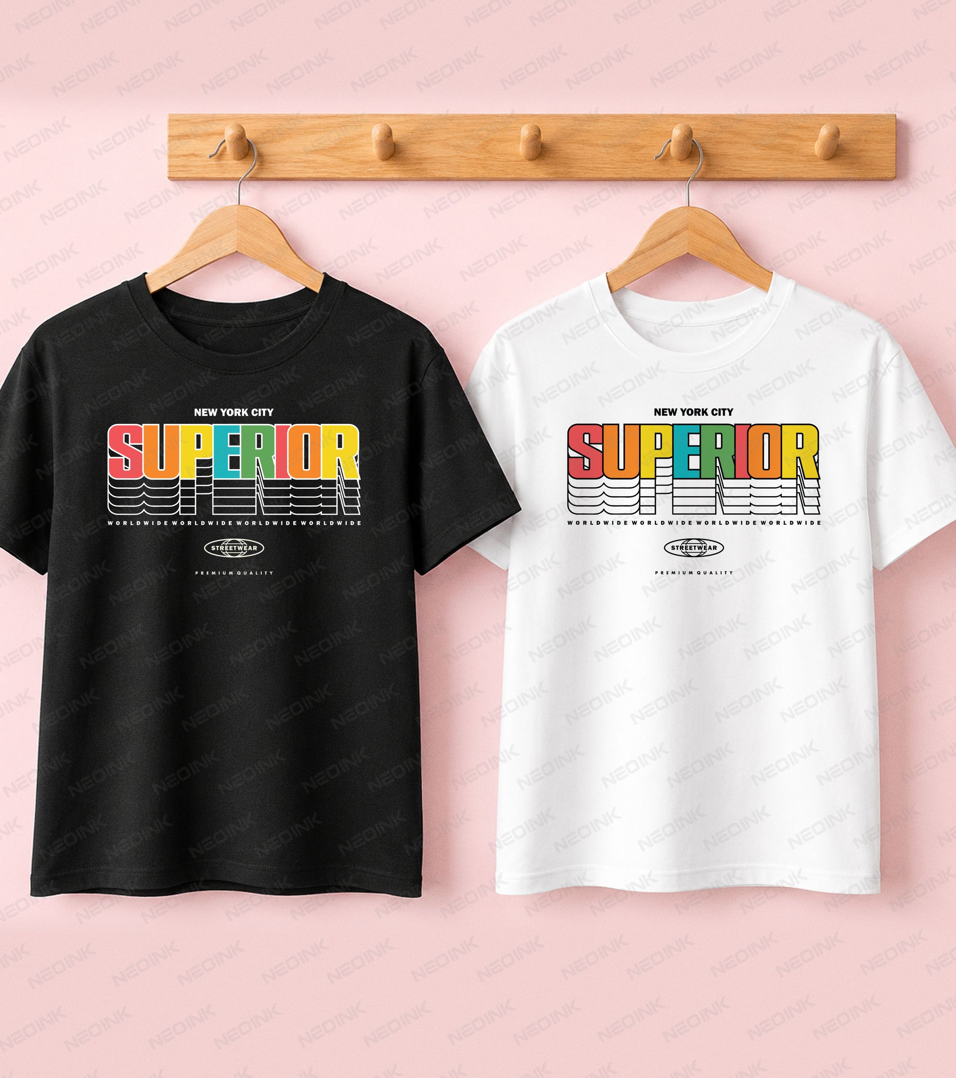 Black t-shirt featuring layered rainbow Superior typography for a colorful Good Vibes modern apparel design.