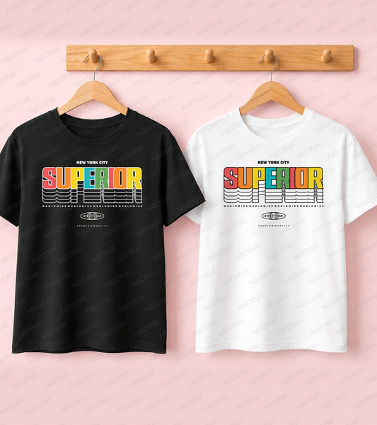 Black t-shirt featuring layered rainbow Superior typography for a colorful Good Vibes modern apparel design.