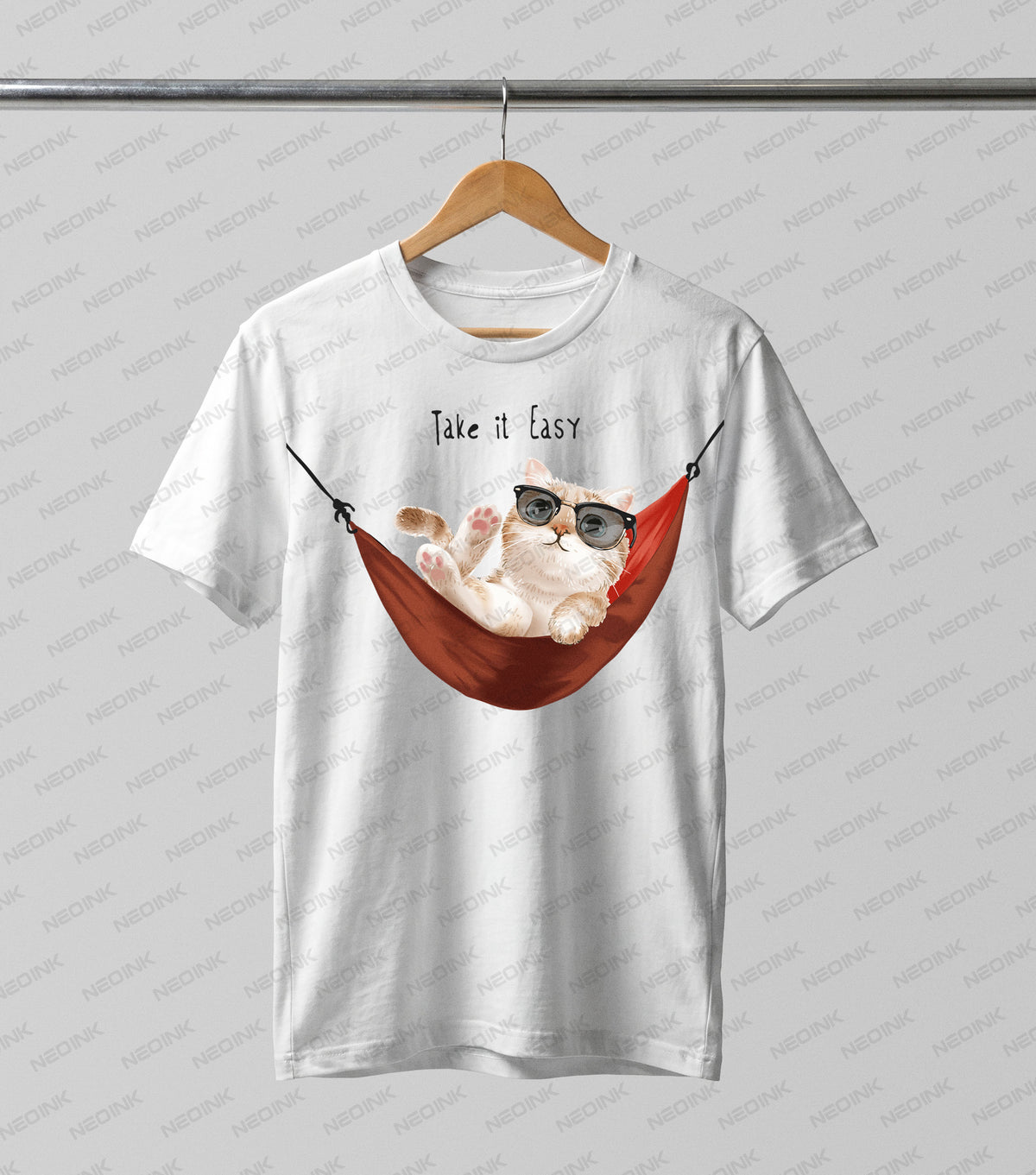 Relaxed tabby cat wearing sunglasses and chilling in a red hammock, making these fun DTF transfers ready to print for casual weekend wear.