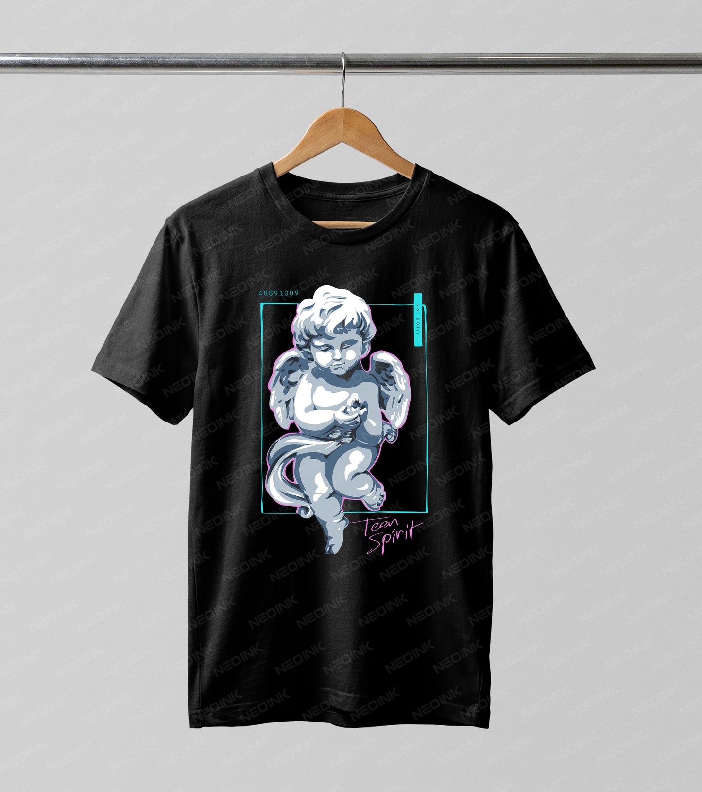Vaporwave aesthetic cherub statue inside a teal neon box, utilizing premium DTF transfers so they arrive ready to print on your favorite dark tops.