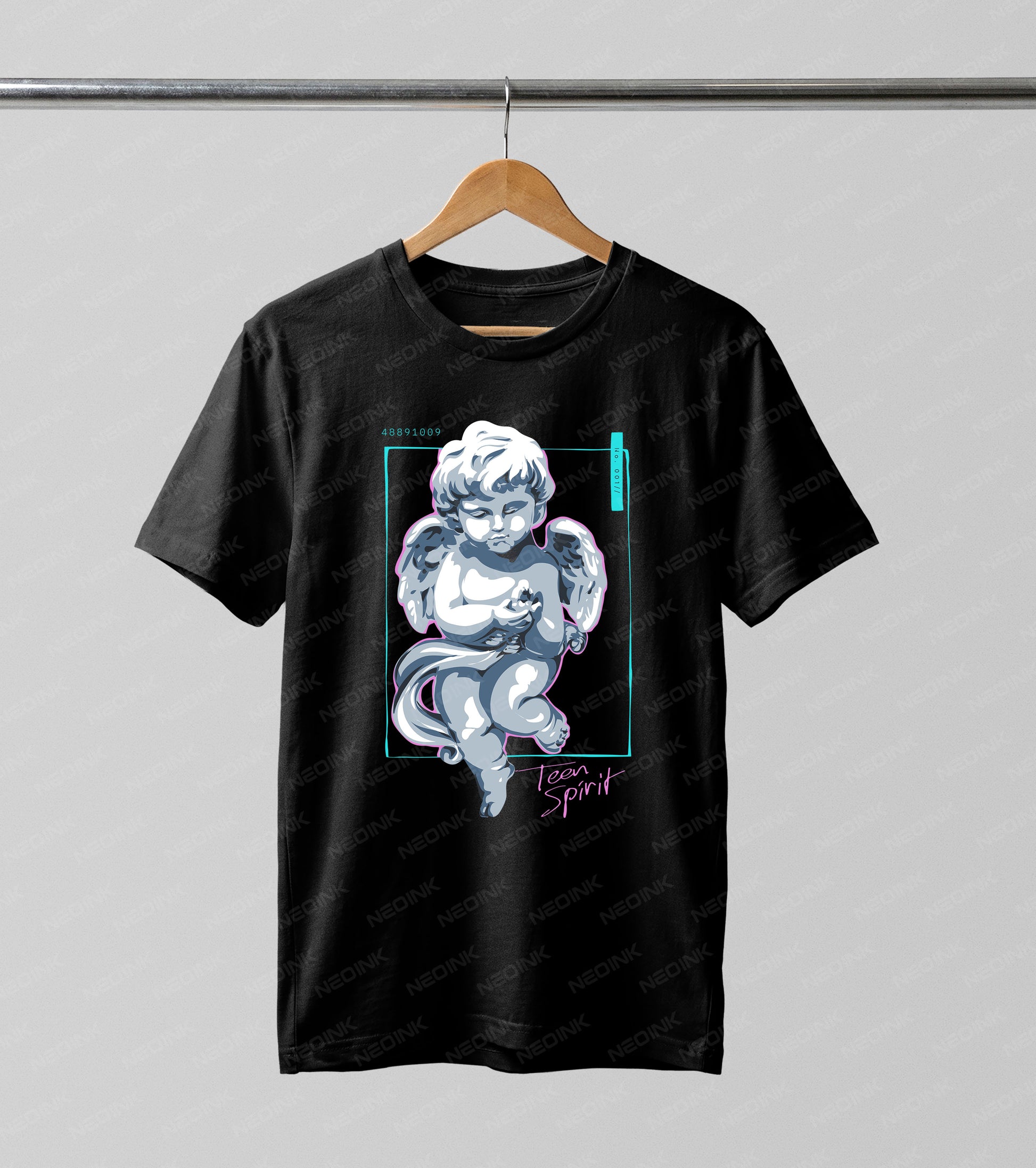 Vaporwave aesthetic cherub statue inside a teal neon box, utilizing premium DTF transfers so they arrive ready to print on your favorite dark tops.
