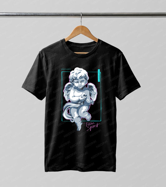 Vaporwave aesthetic cherub statue inside a teal neon box, utilizing premium DTF transfers so they arrive ready to print on your favorite dark tops.
