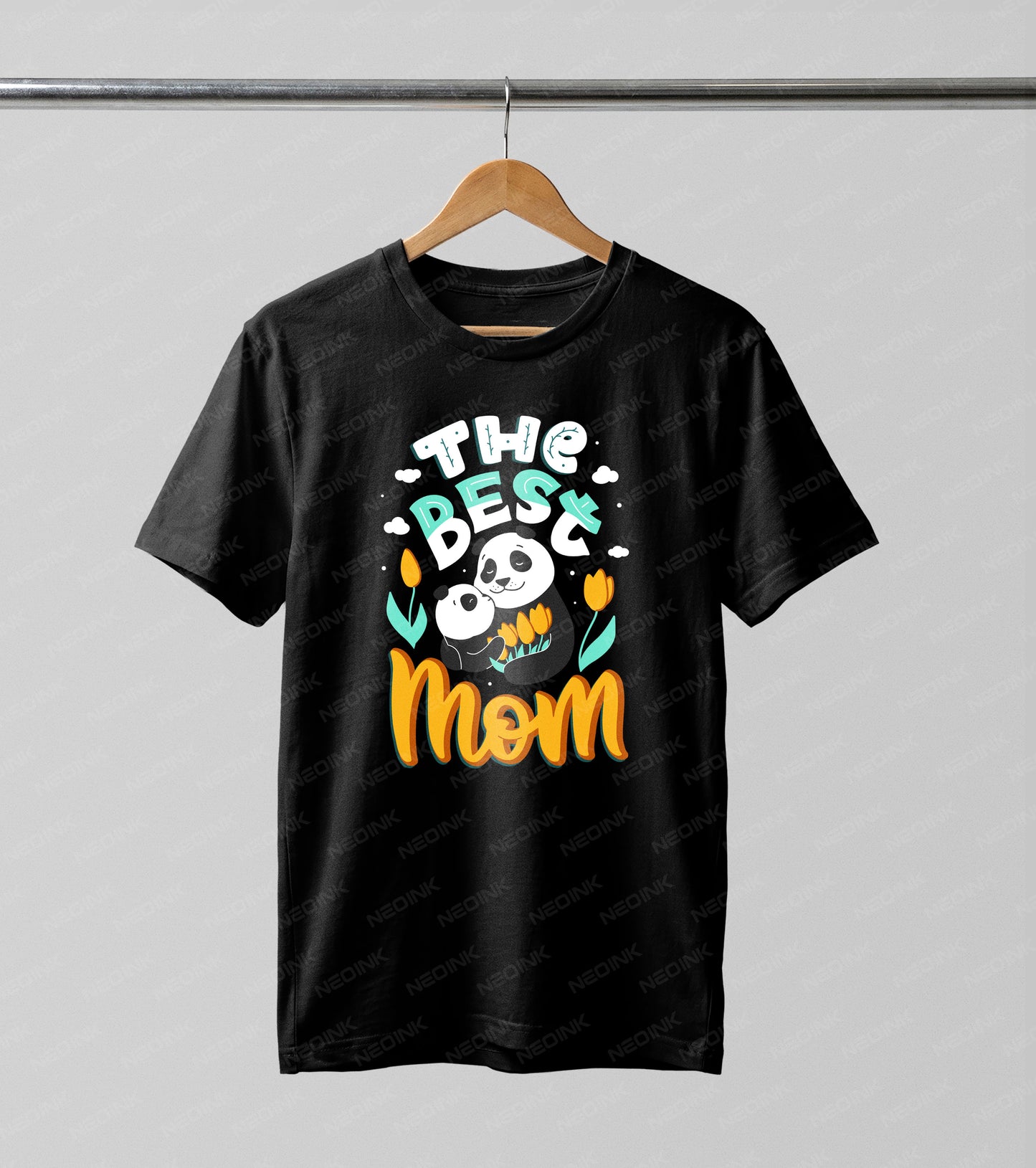 A heartwarming illustration of a mother and baby panda surrounded by yellow tulips, perfectly set up as ready to print DTF transfers for creating cute gifts.