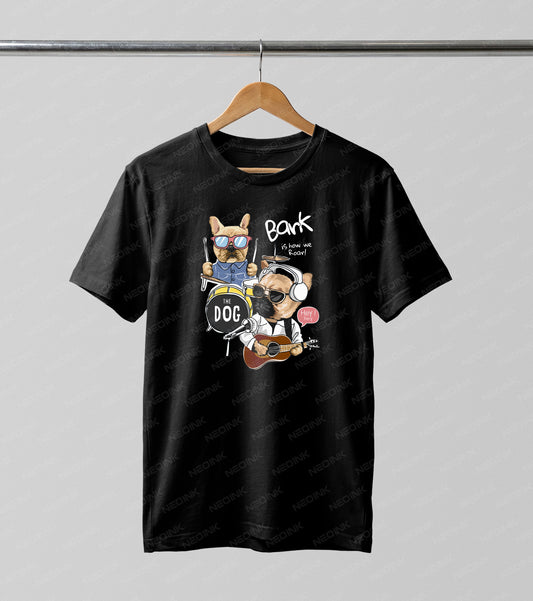 Hilarious French bulldogs playing drums and acoustic guitar, supplied as vivid DTF transfers ready to print for fun animal-lover fashion.