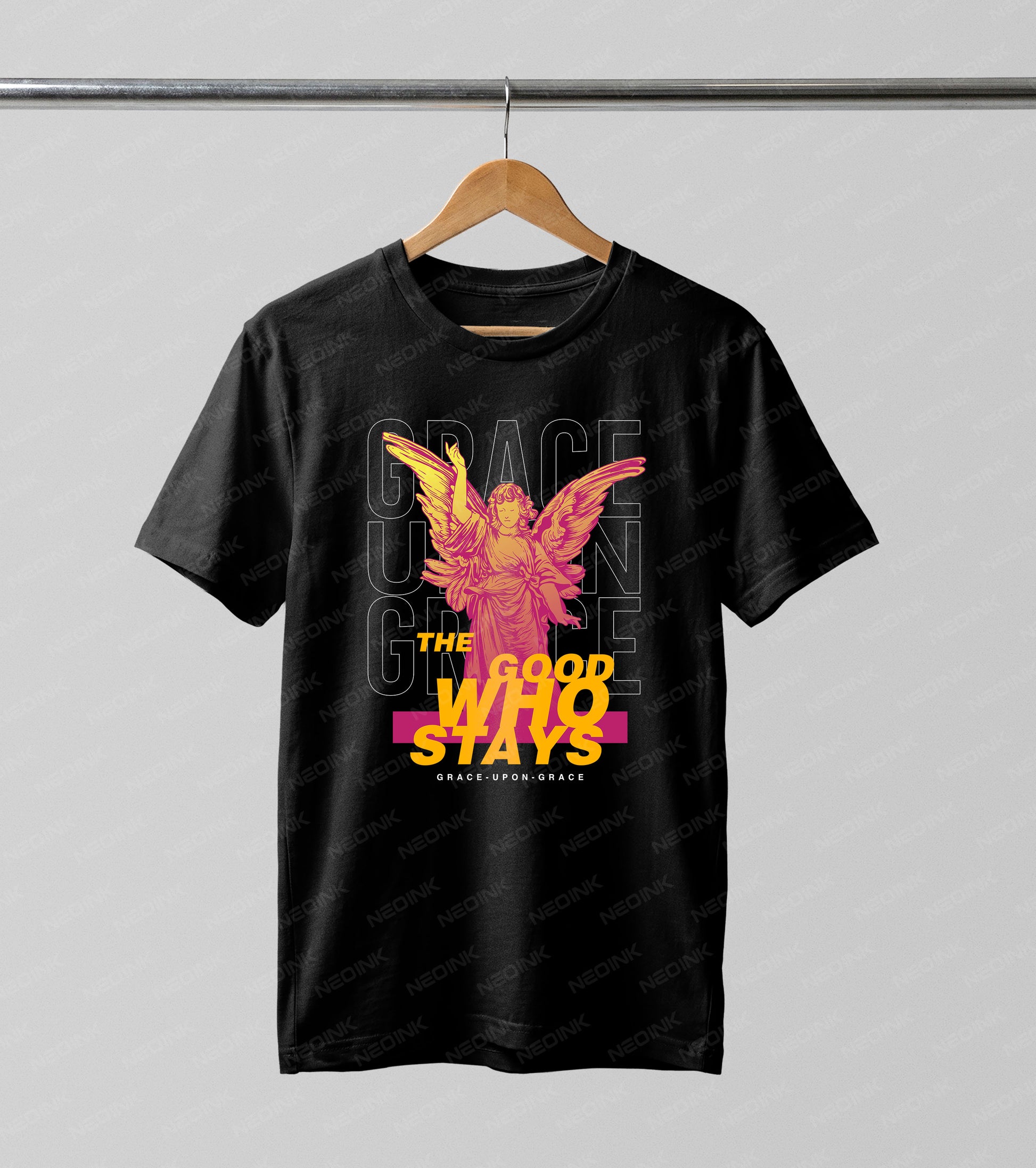 Stunning pink and yellow classical angel framed by outline typography, supplied as ready to print DTF transfers to elevate dark custom clothing.