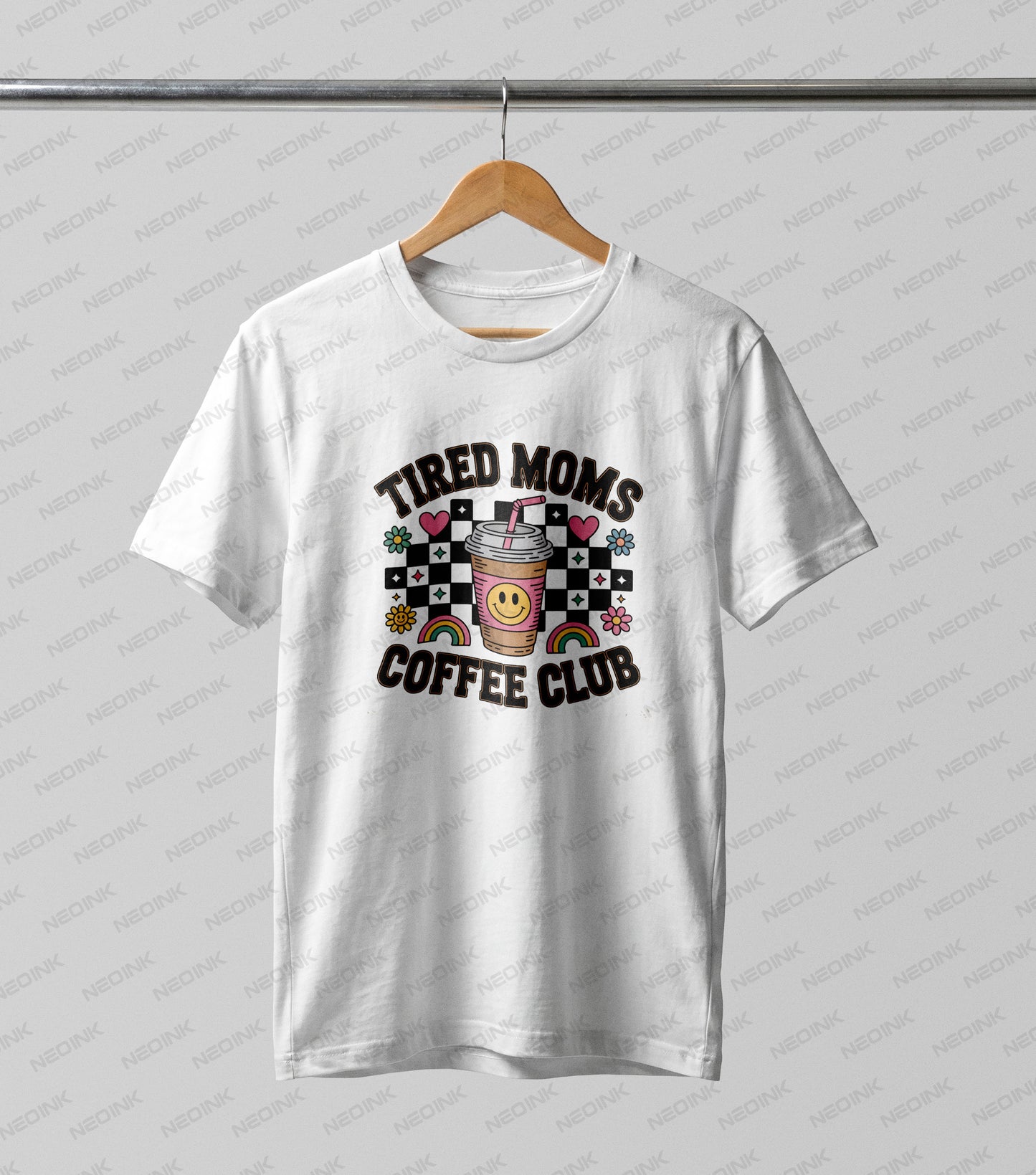 Fun retro coffee cup graphic with a smiley face and checkerboard pattern, provided as vivid DTF transfers ready to print for everyday mom life shirts.