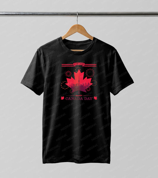 Red maple leaf framing the pink Toronto city skyline and fireworks, supplied as striking DTF transfers completely ready to print on dark clothing.