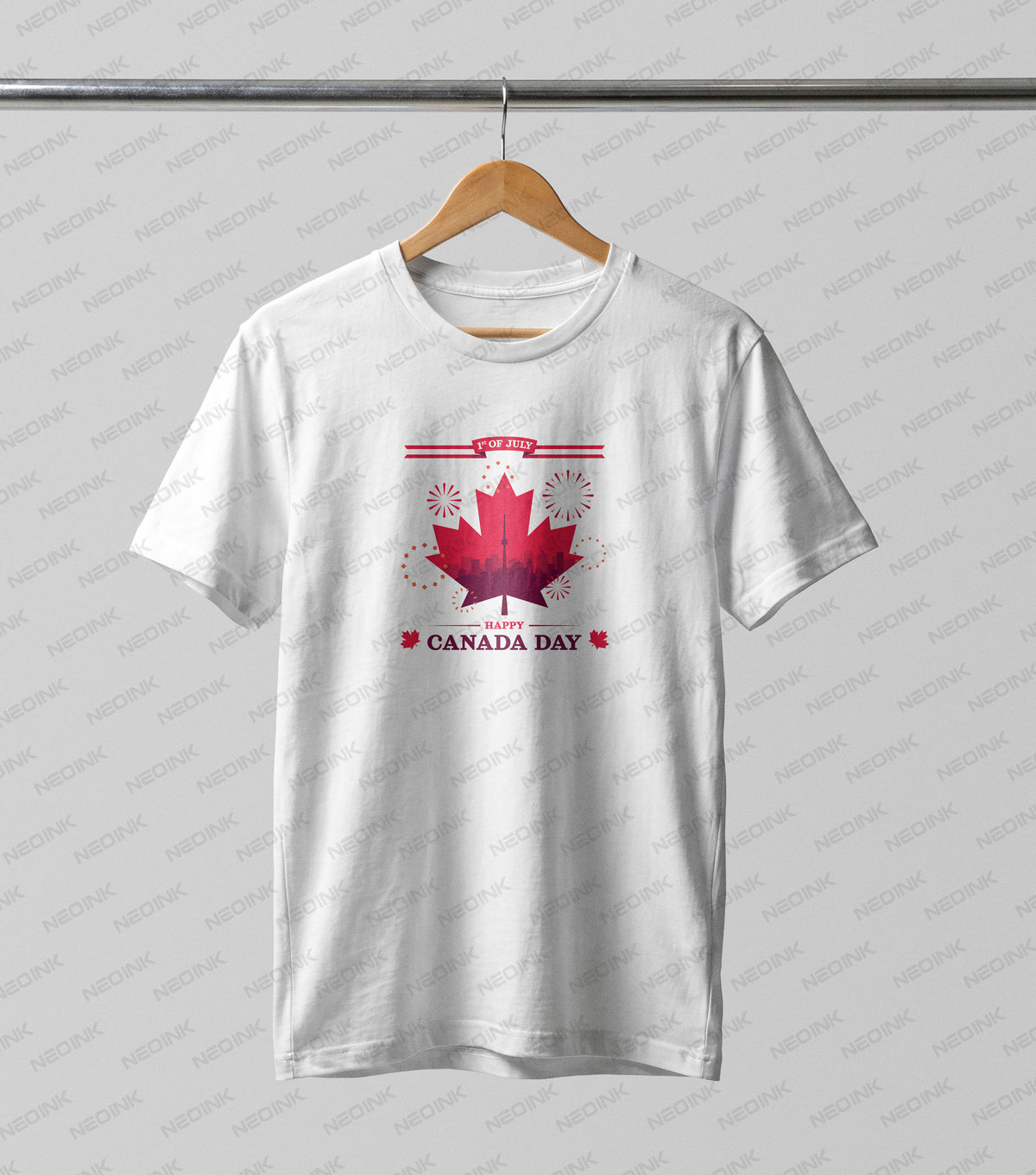 Red maple leaf with a dark red Toronto skyline silhouette and fireworks, available as high-energy DTF transfers ready to print for urban fashion.
