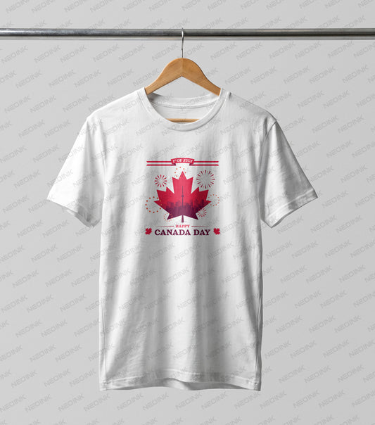Red maple leaf with a dark red Toronto skyline silhouette and fireworks, available as high-energy DTF transfers ready to print for urban fashion.