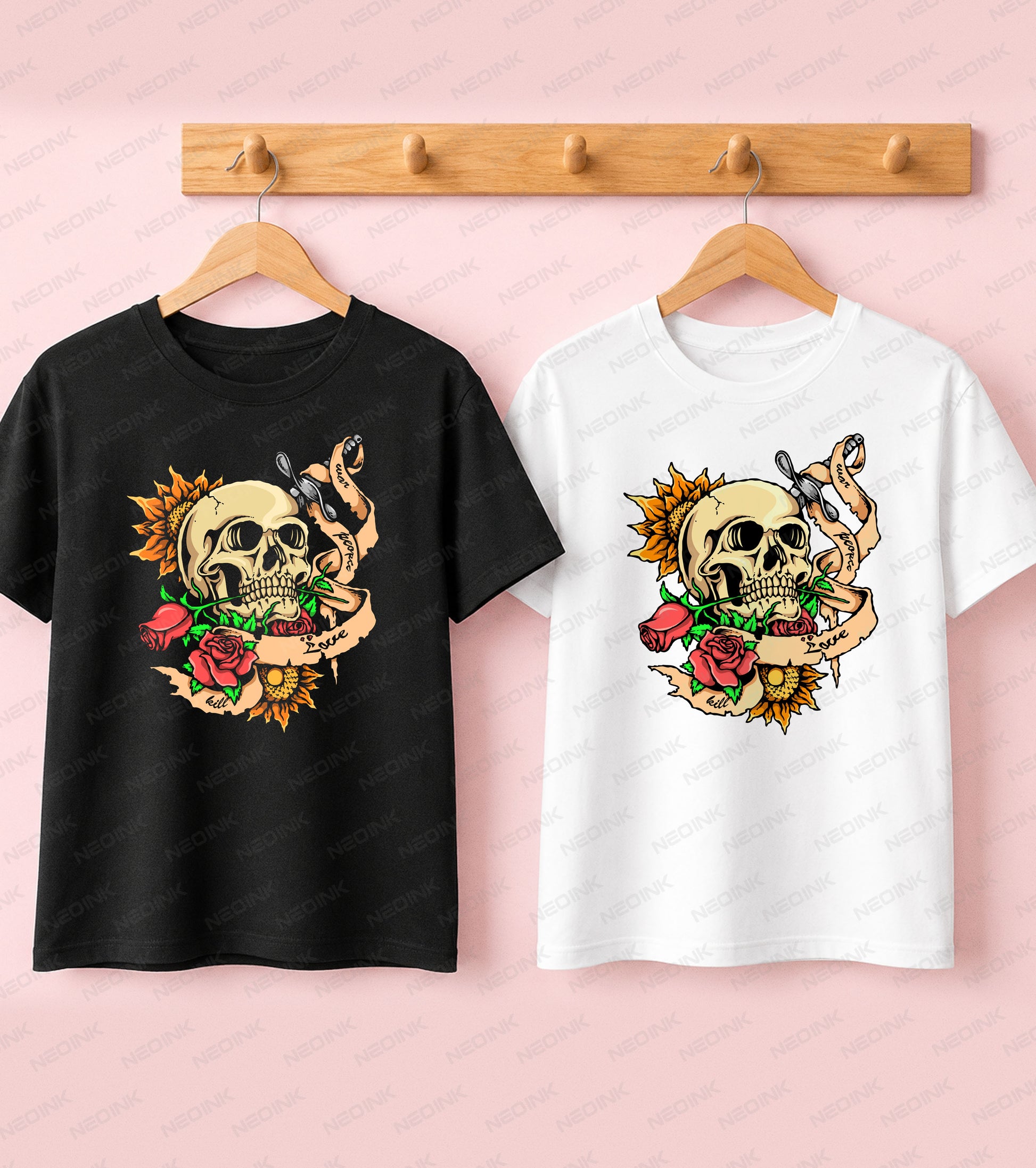 Traditional tattoo style skull pierced by a dagger with floral accents, perfectly set up as detailed DTF transfers ready to print.