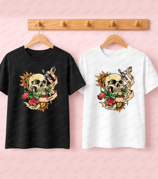 Traditional tattoo style skull pierced by a dagger with floral accents, perfectly set up as detailed DTF transfers ready to print.