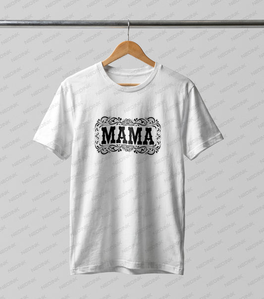 Elegant black vintage filigree framing the word MAMA, provided as premium DTF transfers ready to print onto light fabrics and sweaters.