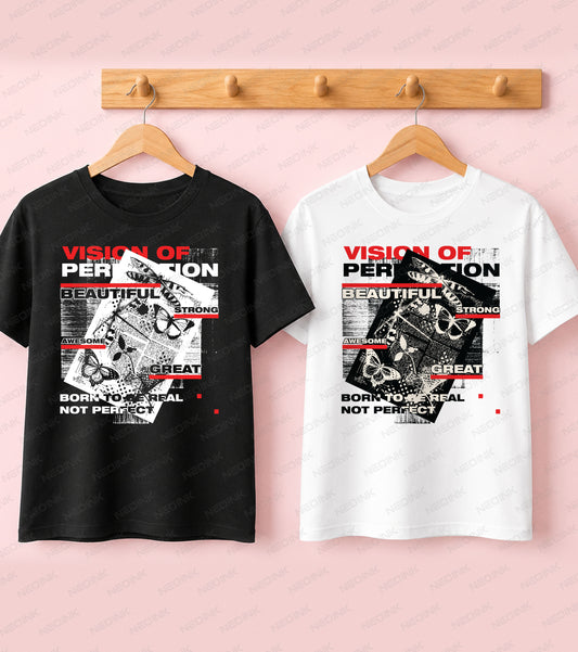Black t-shirt with a grunge newspaper collage, butterflies, and red typography for an alternative Good Vibes streetwear look.