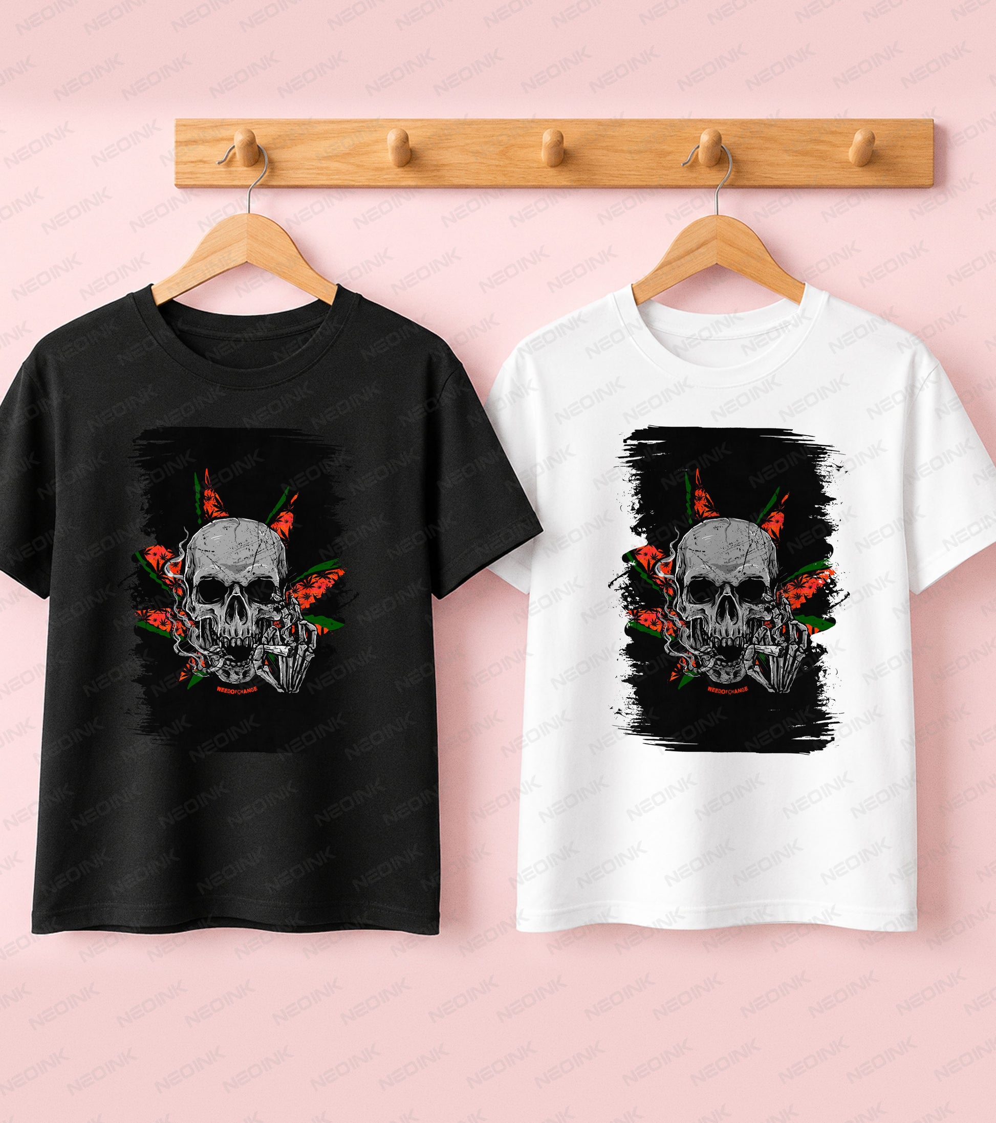 Gritty skull smoking a joint with red and green cannabis leaves, supplied as premium DTF transfers ready to print for edgy 420 streetwear.