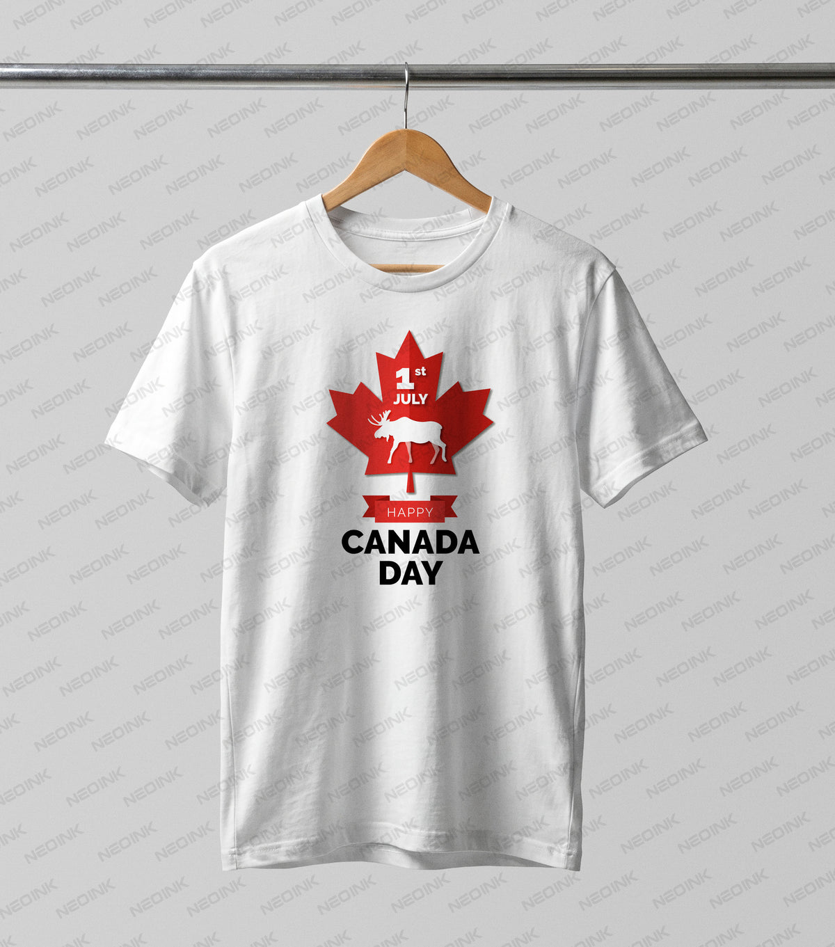 Bold red maple leaf with a white moose silhouette inside, perfectly set up as vibrant DTF transfers ready to print on light colored apparel.