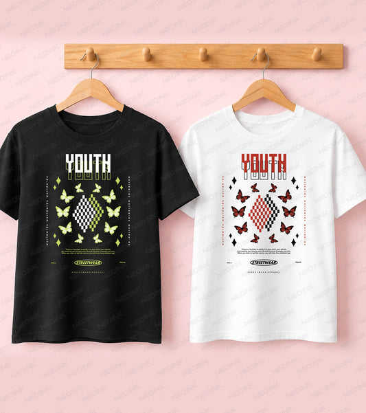 Black t-shirt with green butterflies orbiting a checkerboard diamond pattern and Youth text for a Good Vibes streetwear graphic.