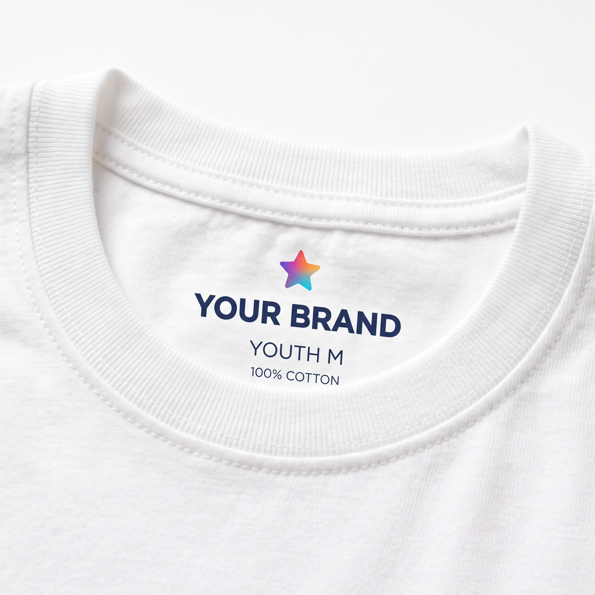 Custom printed tagless neck label inside a white youth t-shirt