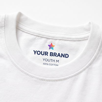 Custom printed tagless neck label inside a white youth t-shirt