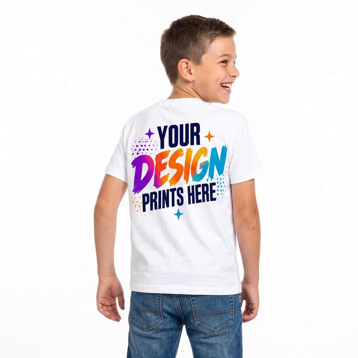 Boy wearing a custom printed youth t-shirt with a full-color back print