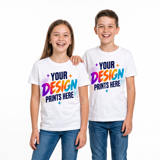 Kids wearing custom printed white youth t-shirts with a full-color design, custom youth t-shirt printing in Canada