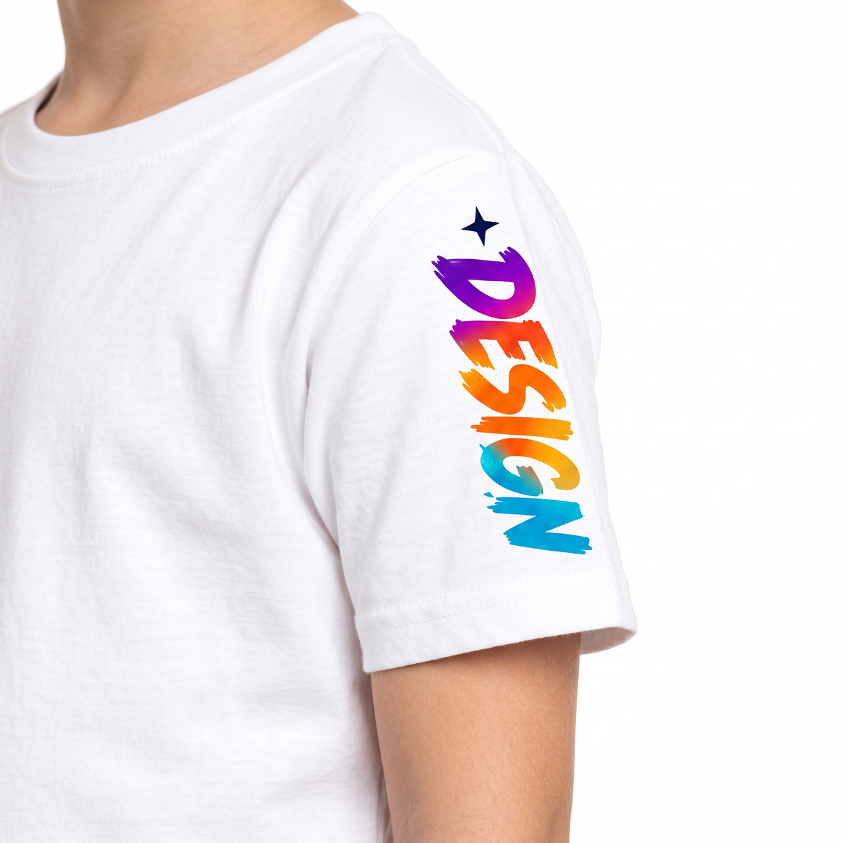 Close-up of a custom sleeve print on a white youth t-shirt